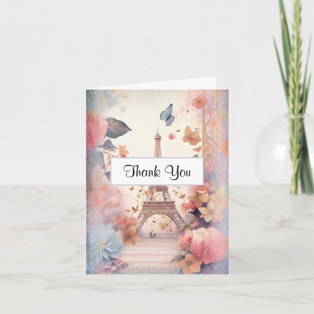 Eiffel Tower Butterflies and Flowers Thank You Card (Front)