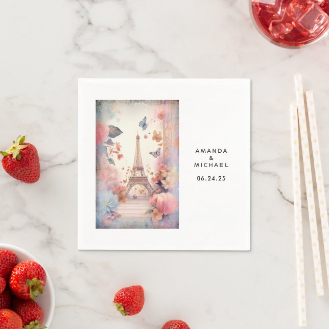 Eiffel Tower Butterflies and Flowers Wedding Napkin (Insitu)