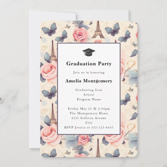 Eiffel Tower Butterfly and Roses Graduation Invitation (Front)