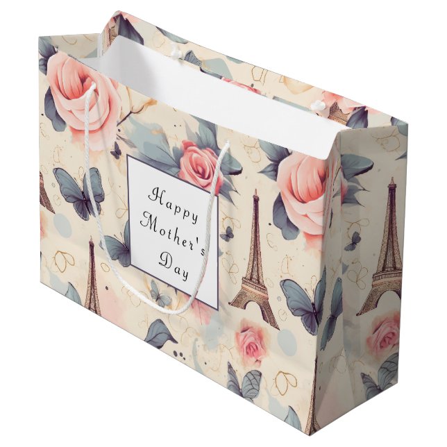 Eiffel Tower Butterfly and Roses Mother's Day Large Gift Bag (Front Angled)