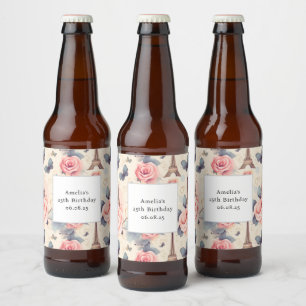 Eiffel Tower Butterfly and Roses Pattern Birthday Beer Bottle Label