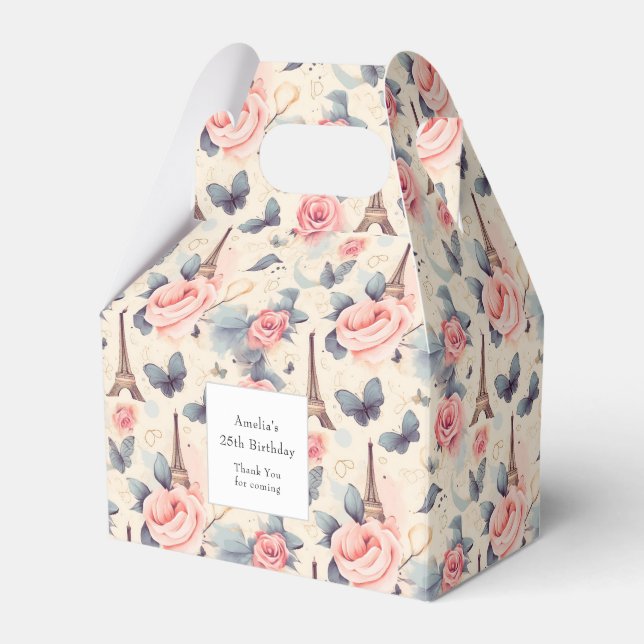 Eiffel Tower Butterfly and Roses Pattern Birthday Favour Box (Front Side)