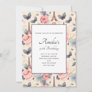 Eiffel Tower Butterfly and Roses Pattern Birthday Invitation