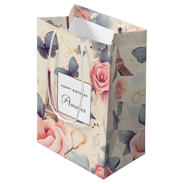 Eiffel Tower Butterfly and Roses Pattern Birthday Medium Gift Bag (Front Angled)