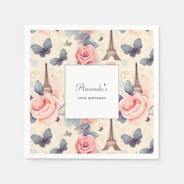 Eiffel Tower Butterfly and Roses Pattern Birthday Napkin (Front)