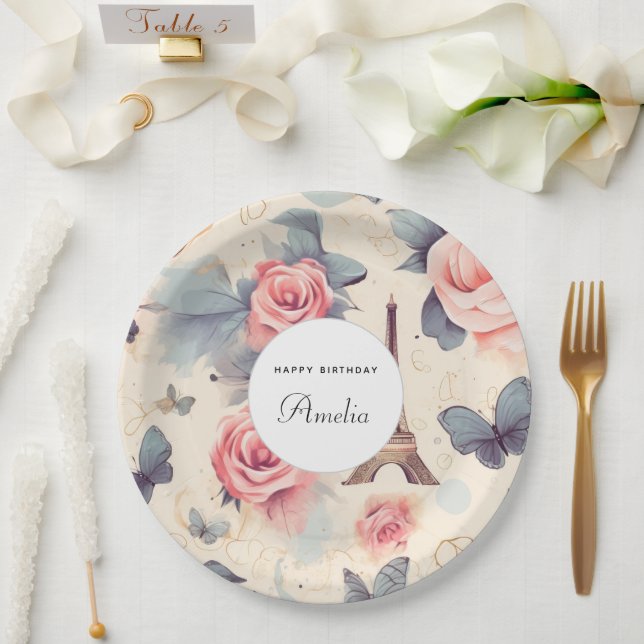Eiffel Tower Butterfly and Roses Pattern Birthday Paper Plate (Wedding)