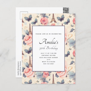Eiffel Tower Butterfly and Roses Pattern Birthday Postcard