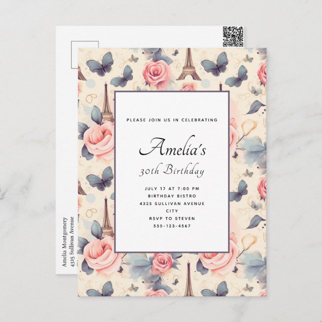 Eiffel Tower Butterfly and Roses Pattern Birthday Postcard (Front/Back)