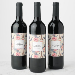 Eiffel Tower Butterfly and Roses Pattern Birthday Wine Label
