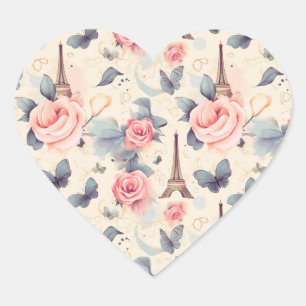 Eiffel Tower Butterfly and Roses Pattern Heart Sticker