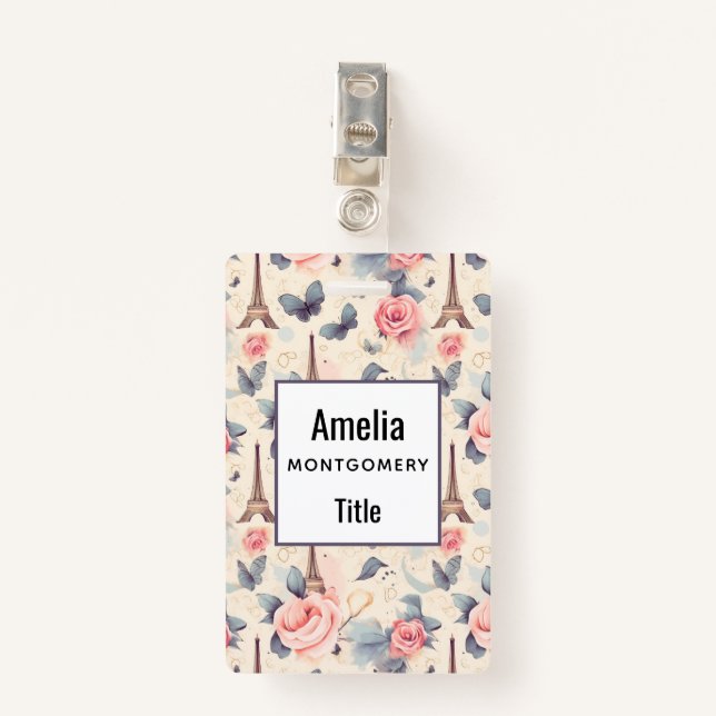 Eiffel Tower Butterfly and Roses Pattern ID Badge (Front with Clip)