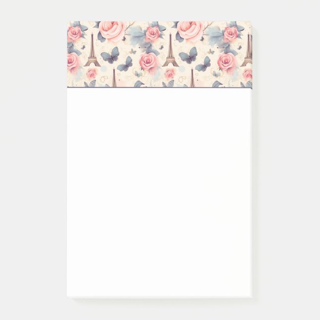 Eiffel Tower Butterfly and Roses Pattern Post-it Notes (Front)