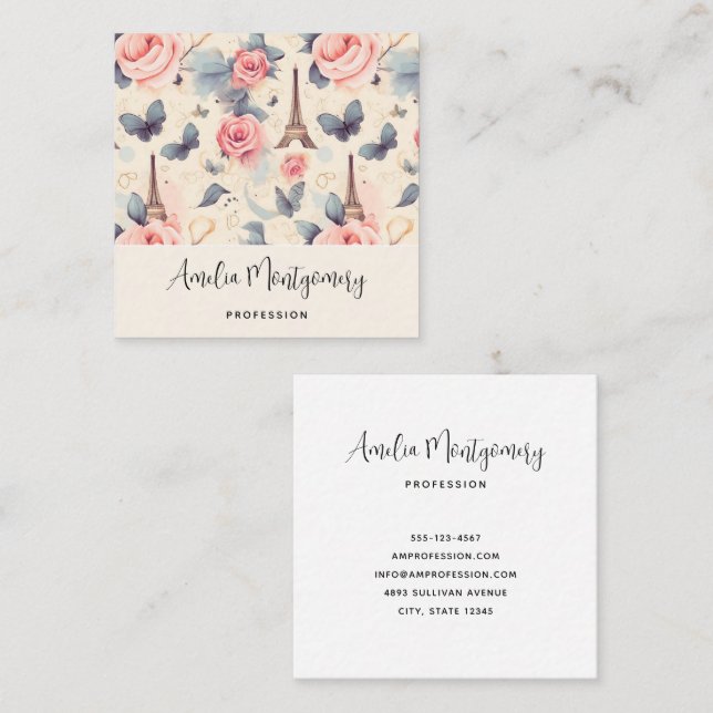 Eiffel Tower Butterfly and Roses Pattern Square Business Card (Front/Back)
