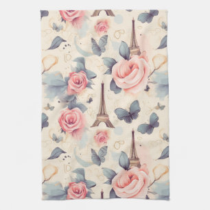 Eiffel Tower Butterfly and Roses Pattern Tea Towel