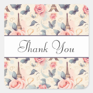 Eiffel Tower Butterfly and Roses Pattern Thank You Square Sticker