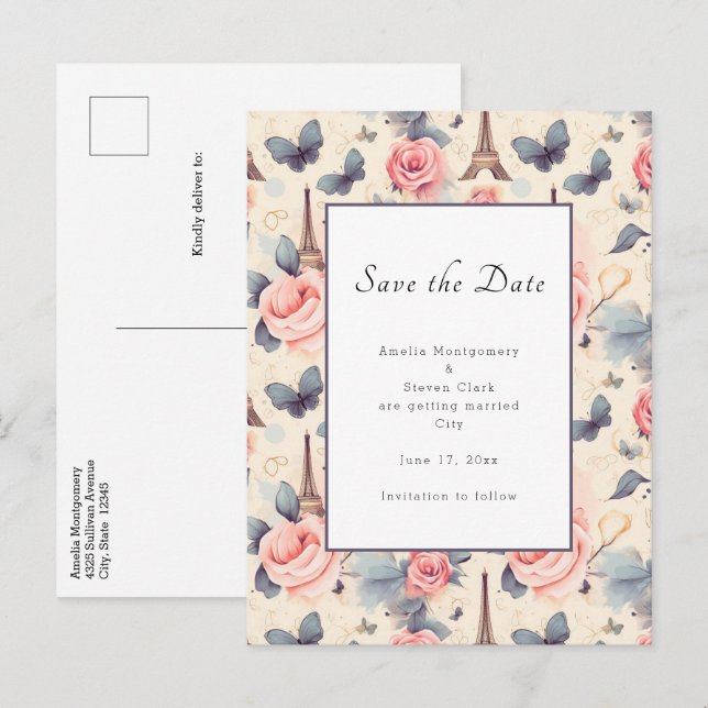 Eiffel Tower Butterfly and Roses Pattern Wedding Announcement Postcard (Front/Back)
