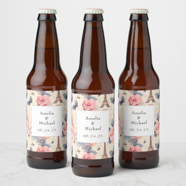 Eiffel Tower Butterfly and Roses Pattern Wedding Beer Bottle Label (Bottles)