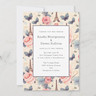 Eiffel Tower Butterfly and Roses Pattern Wedding Invitation