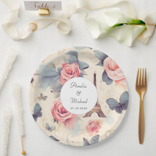 Eiffel Tower Butterfly and Roses Pattern Wedding Paper Plate