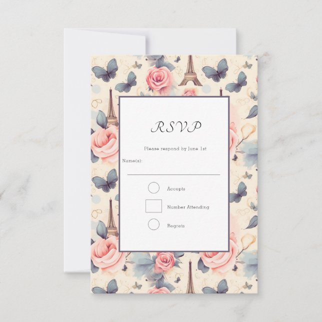 Eiffel Tower Butterfly and Roses Pattern Wedding RSVP Card (Front)