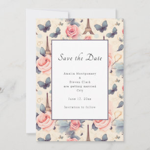 Eiffel Tower Butterfly and Roses Pattern Wedding Save The Date