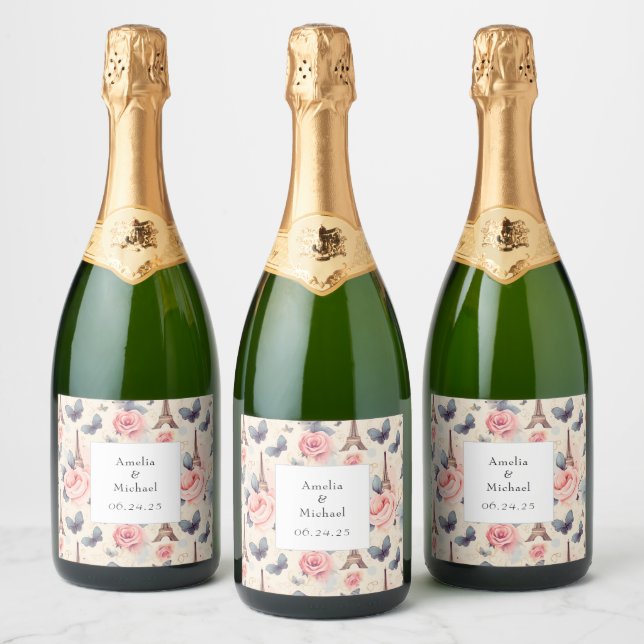 Eiffel Tower Butterfly and Roses Pattern Wedding Sparkling Wine Label (Bottles)
