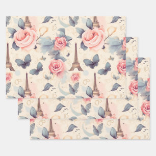 Eiffel Tower Butterfly and Roses Pattern Wrapping Paper Sheet