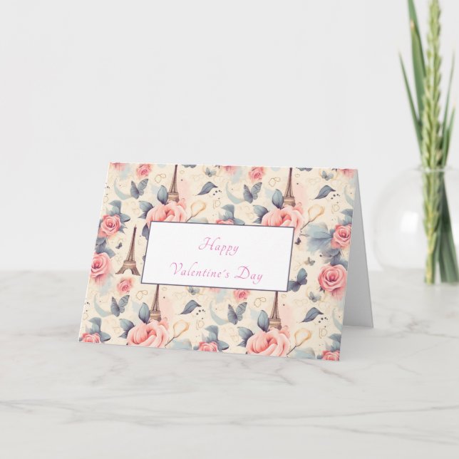 Eiffel Tower Butterfly and Roses Valentine's Day Holiday Card (Front)