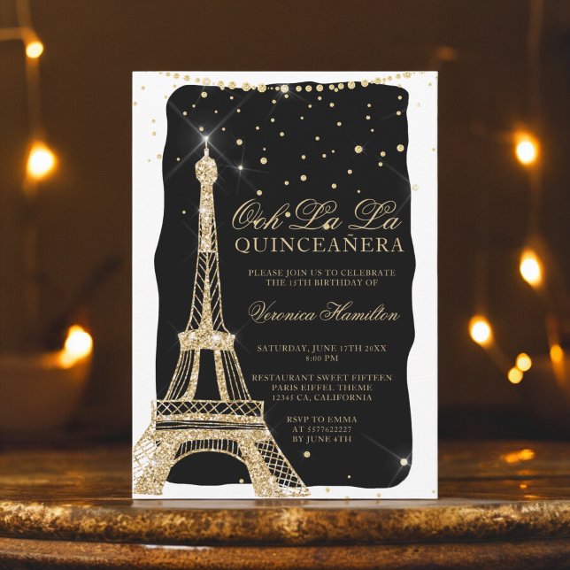 Eiffel tower chic gold glitter black quinceanera invitation (Eiffel tower chic gold glitter black quinceanera invitation)