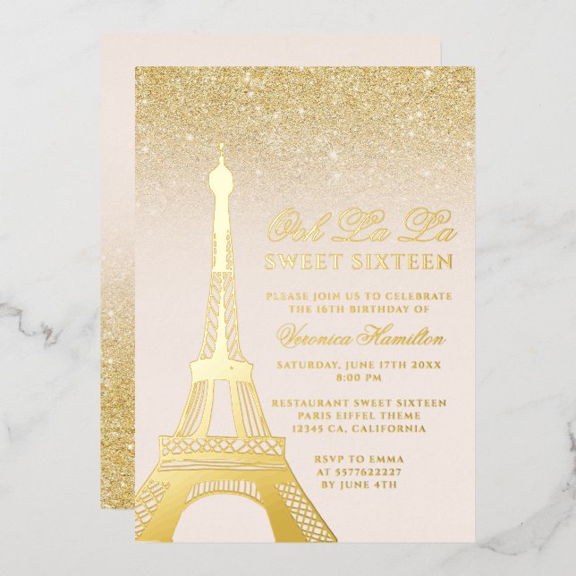 Eiffel tower chic gold glitter pink Sweet 16 (Front/Back)