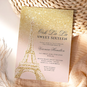 Eiffel tower chic gold glitter pink Sweet 16 Invitation
