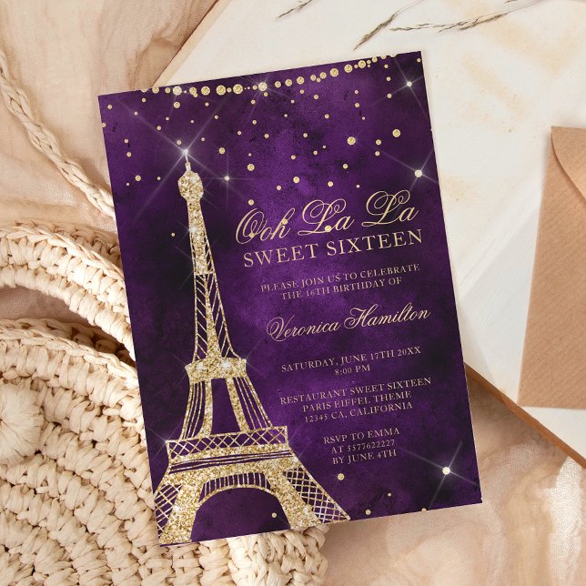 Eiffel tower chic gold glitter purple Sweet 16 Invitation (Creator Uploaded)