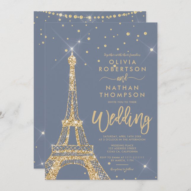 Eiffel tower chic gold glitter sparkle wedding invitation (Front/Back)