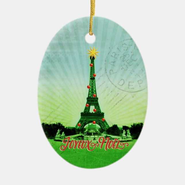 Eiffel Tower Christmas Collage Ceramic Ornament (Front)