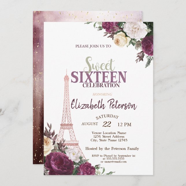 Eiffel Tower Confetti Burgundy Flowers Sweet 16 Invitation (Front/Back)