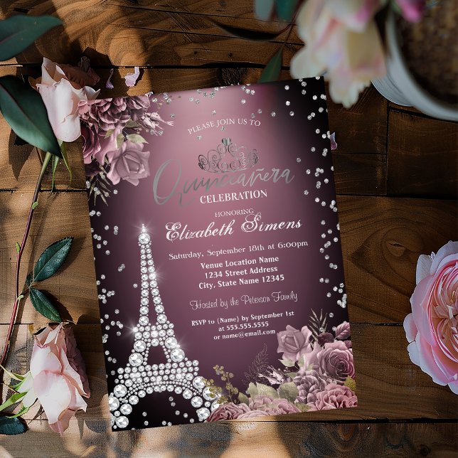 Eiffel Tower Diamonds Dark Roses Burgundy Invitation (Creator Uploaded)