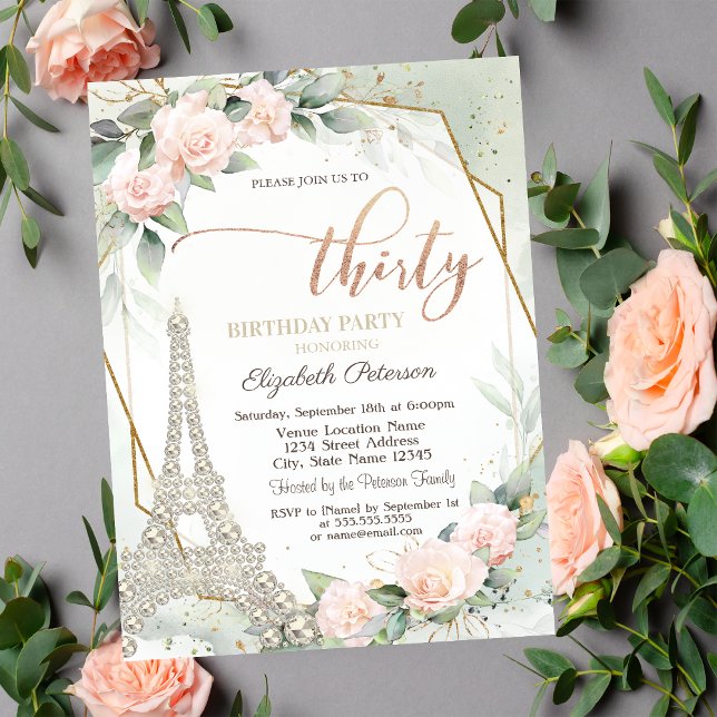 Eiffel Tower Diamonds Pink Roses 30th Birthday Invitation (Creator Uploaded)