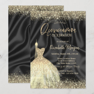 Eiffel Tower Dress Black Satin Quinceanera Invitation