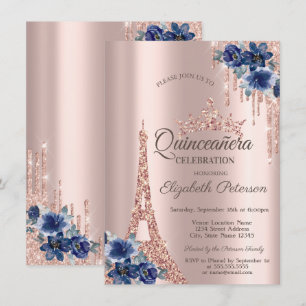 Eiffel Tower,Drips Blue Flowers Quinceañera Invitation