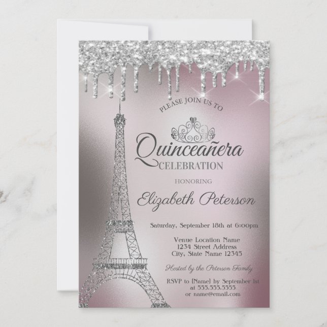 Eiffel Tower,Drips Rose Gold Metallic Quinceañera Invitation (Front)