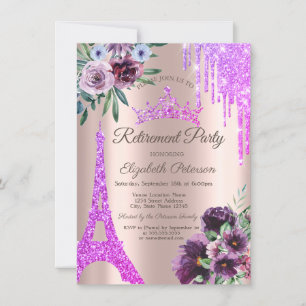 Eiffel Tower,Drips,Violet Flowers Retirement Invitation