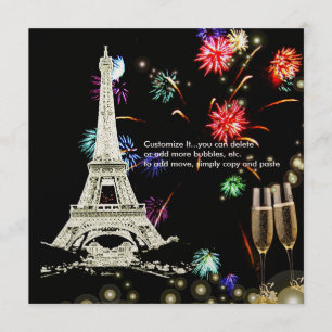 Eiffel Tower+fireworks champagne bubbles Invitation