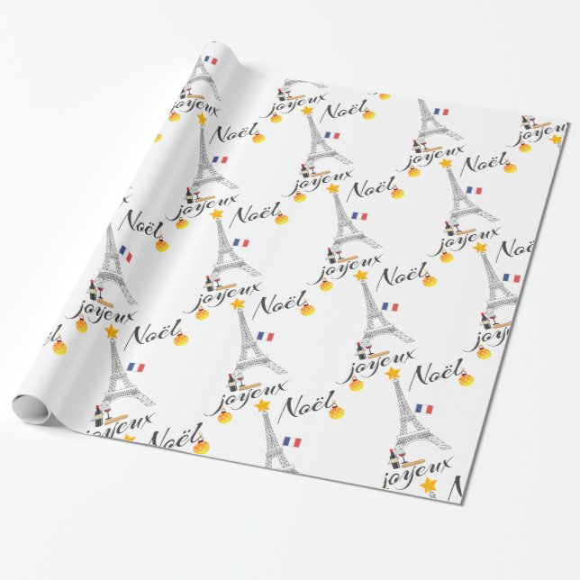 Eiffel Tower Flag of France Joyeux Noel Wrapping Paper (Unrolled)