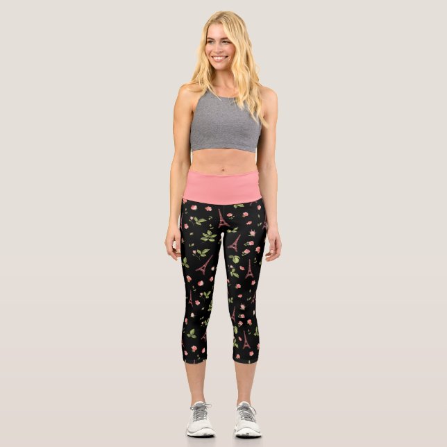 Eiffel Tower Floral Pink and Black Capri Leggings (Front)
