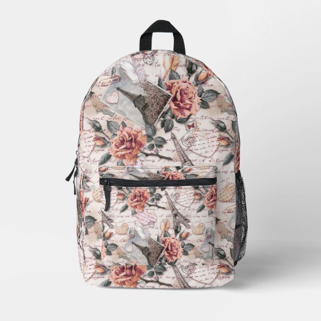 Eiffel Tower, Flowers and hand written letters Printed Backpack (Front)