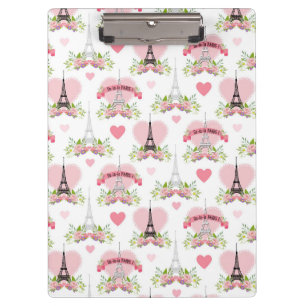Eiffel Tower Flowers Pink Hearts Paris French Clipboard