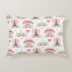 Eiffel Tower Flowers Pink Hearts Paris French Decorative Cushion