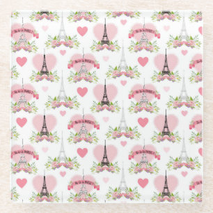 Eiffel Tower Flowers Pink Hearts Paris French Glass Coaster