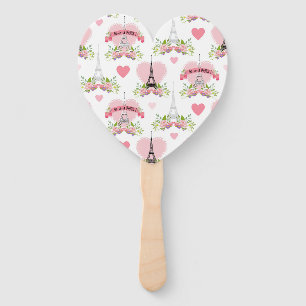 Eiffel Tower Flowers Pink Hearts Paris French Hand Fan