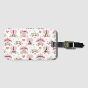 Eiffel Tower Flowers Pink Hearts Paris French Luggage Tag